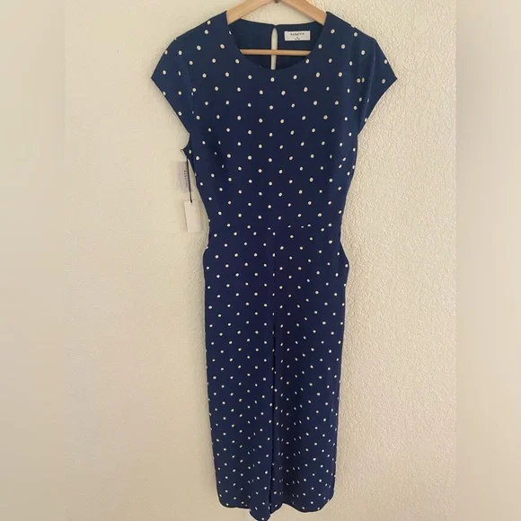 Aritzia Babaton Hamptons jumpsuit polka dot navy blue culottes cut-out back - Picture 2 of 5